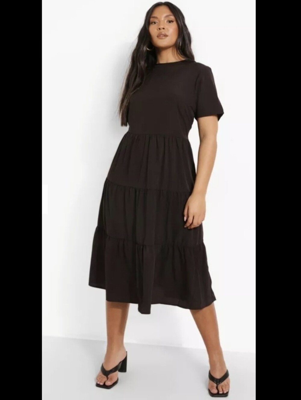 Boohoo Plus Tiered Midi Smock Dress Black 18
